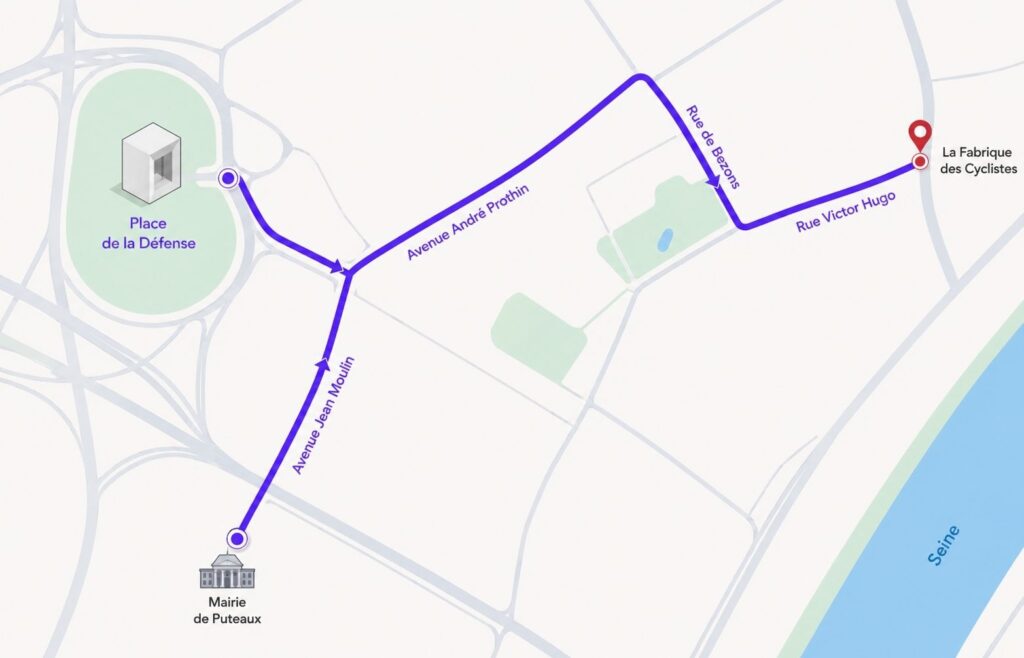 Carte dessinée de Puteaux pour rejoindre l'atelier boutique de la Fabrique des cyclistes